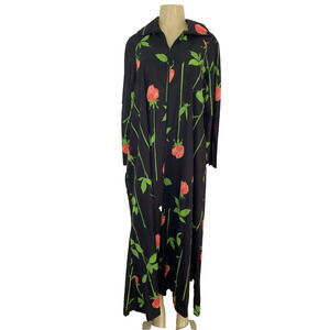 Butterfield 8 Caftan Dress Tunic Mumu Long Sleeve Floral Red Rose Black Maxi L